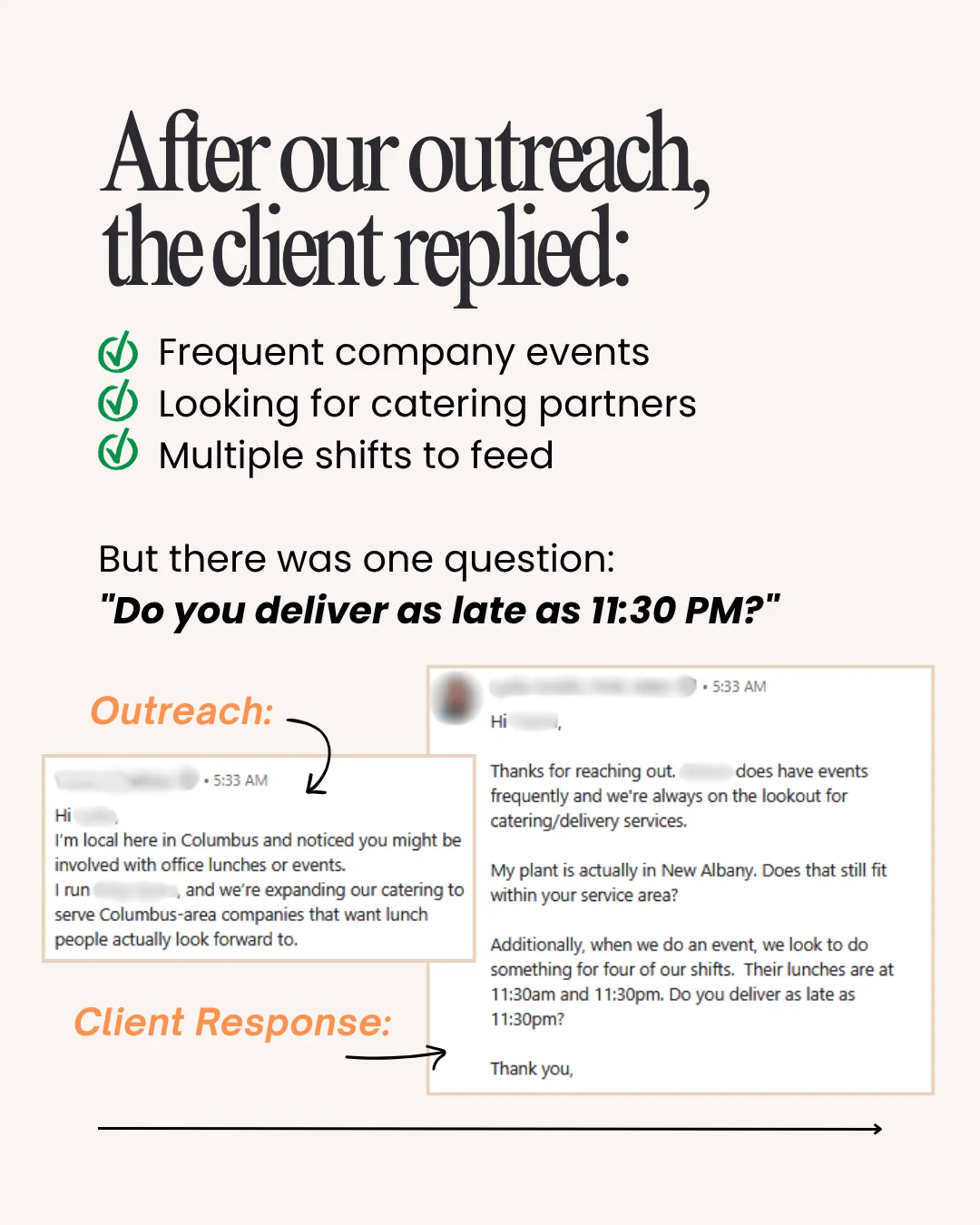 Screenshot of the initial outreach message and opening reply
