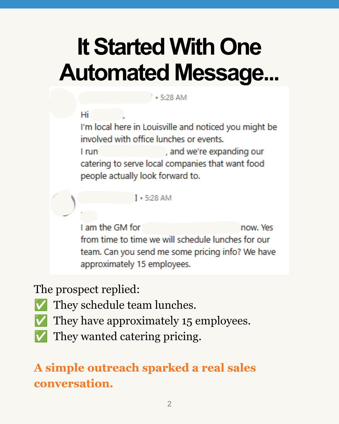 The initial automated outreach message sparked a real sales conversation with the GM, who shared their team size and asked for pricing