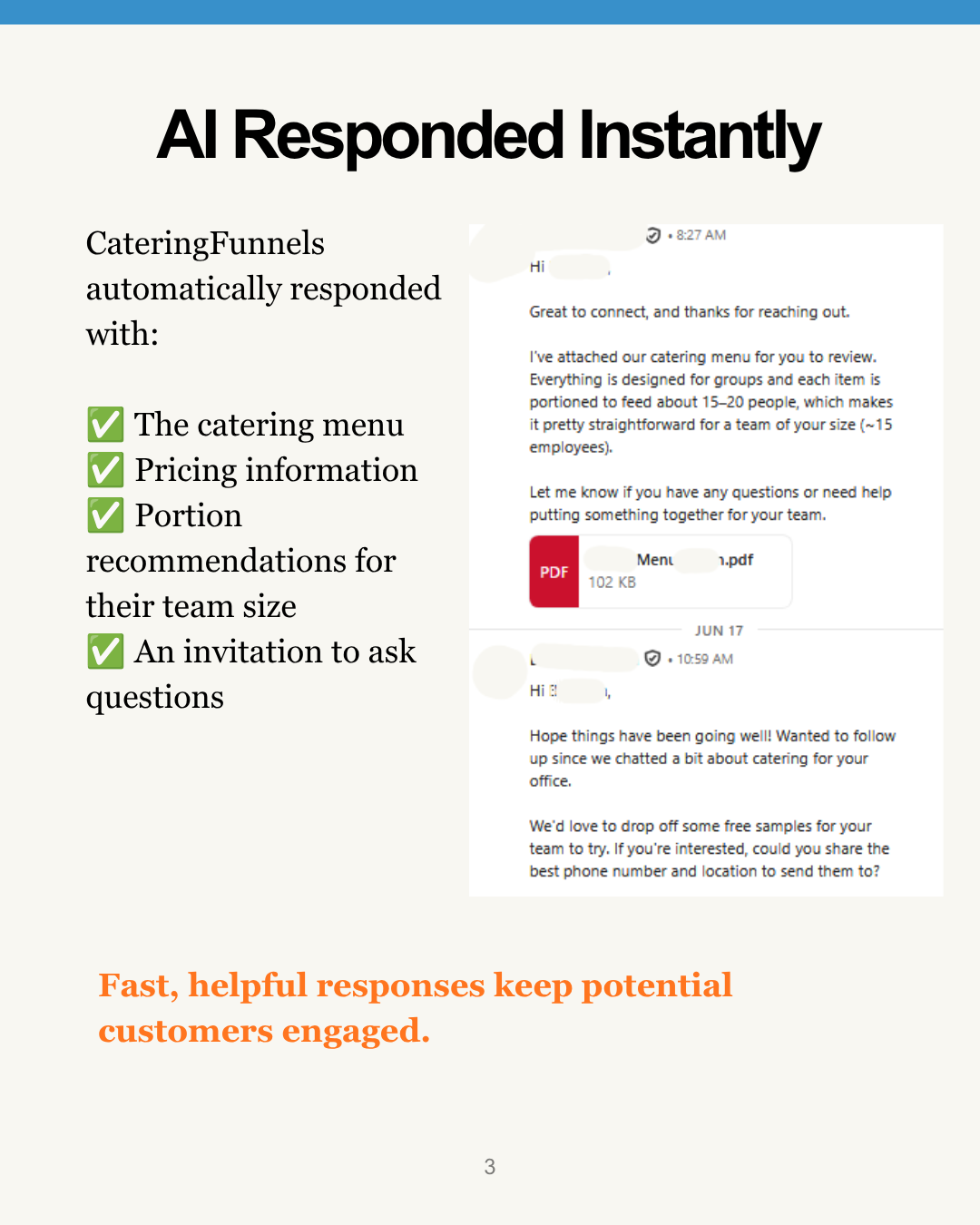The automated response included the full menu, pricing, portion guidance for their team size, and an offer to help