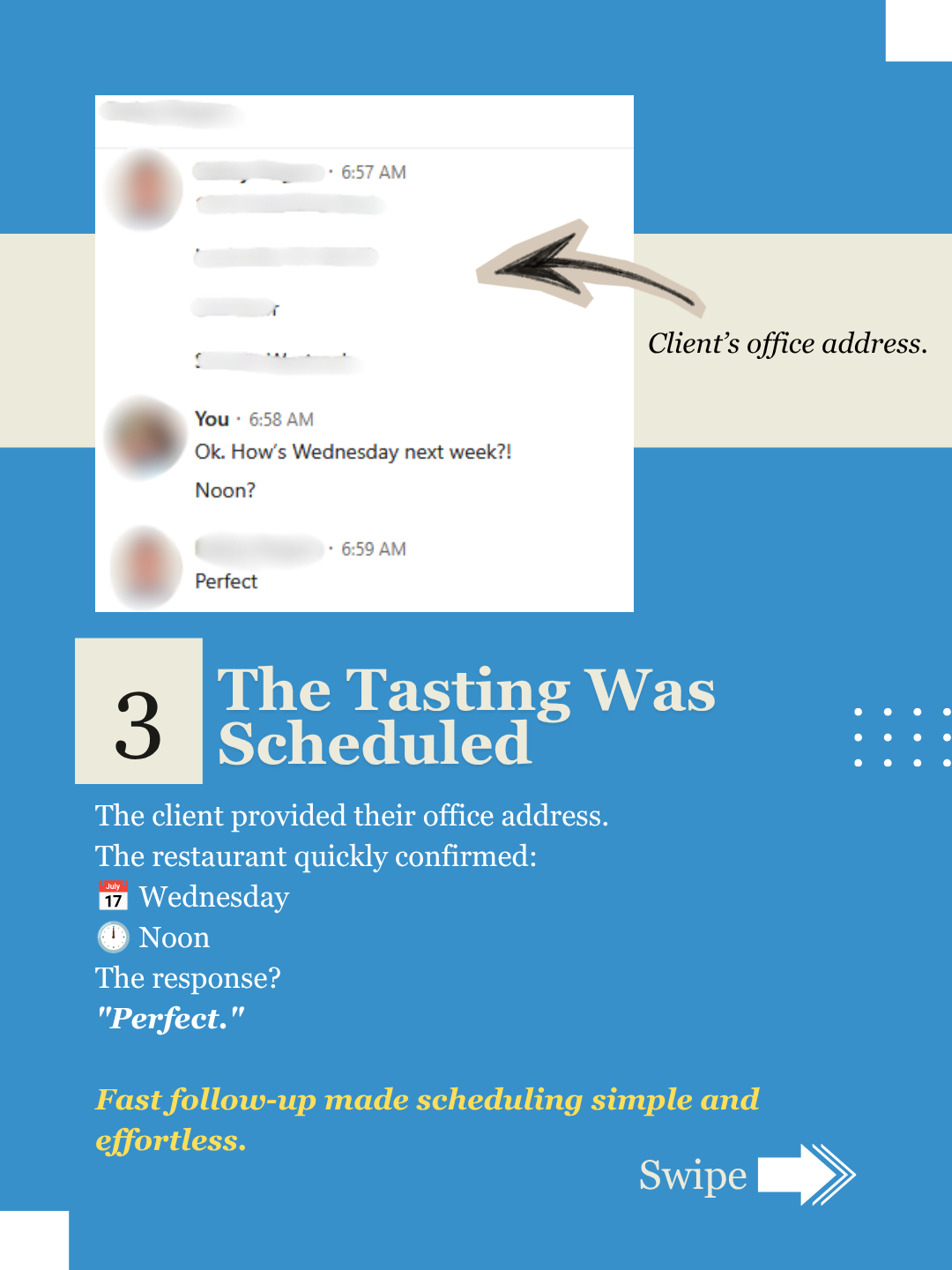 The tasting was scheduled for Wednesday at noon after the client provided their office address