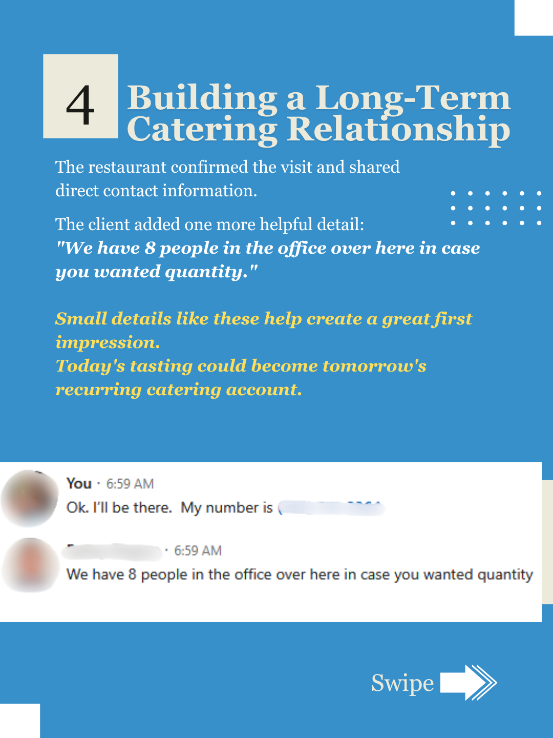 The restaurant confirmed and shared direct contact info, and the client noted about 8 people in the office for the tasting