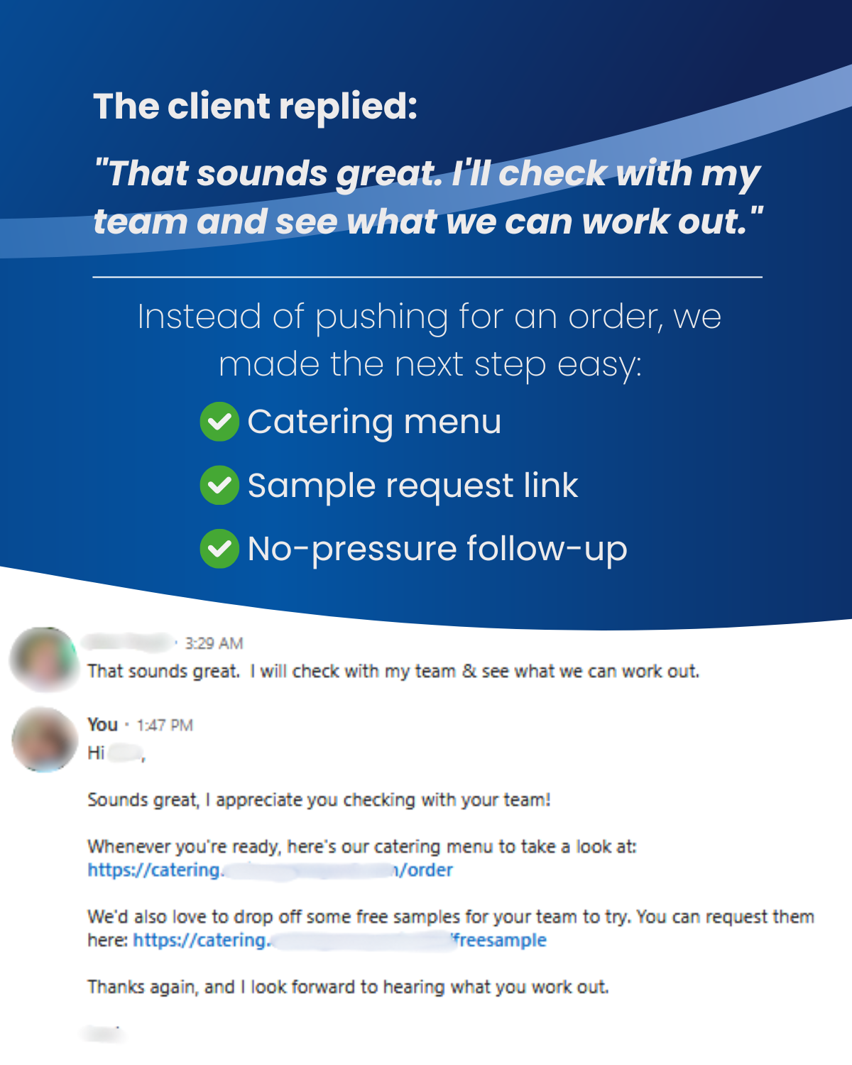 The client replied with interest, and the follow-up shared the catering menu, a sample request link, and a no-pressure next step