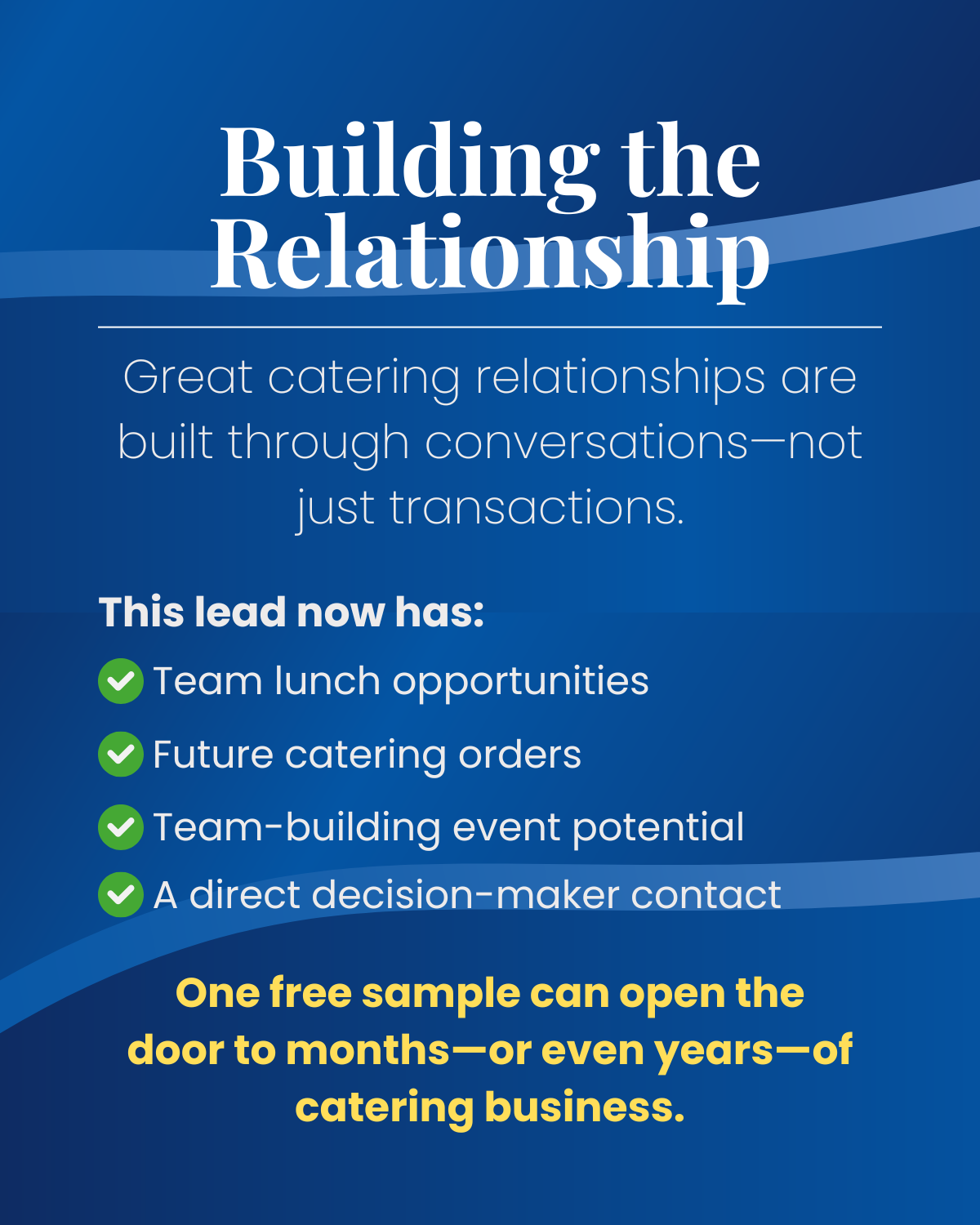 This lead now has team lunch opportunities, future catering orders, team-building event potential, and a direct decision-maker contact