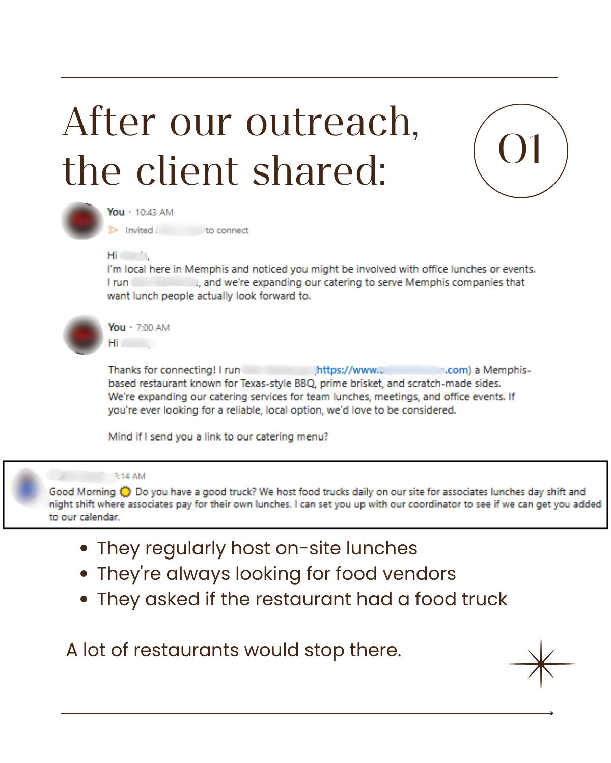 The contact replied asking whether the restaurant had a food truck and offered to connect it with their on-site coordinator