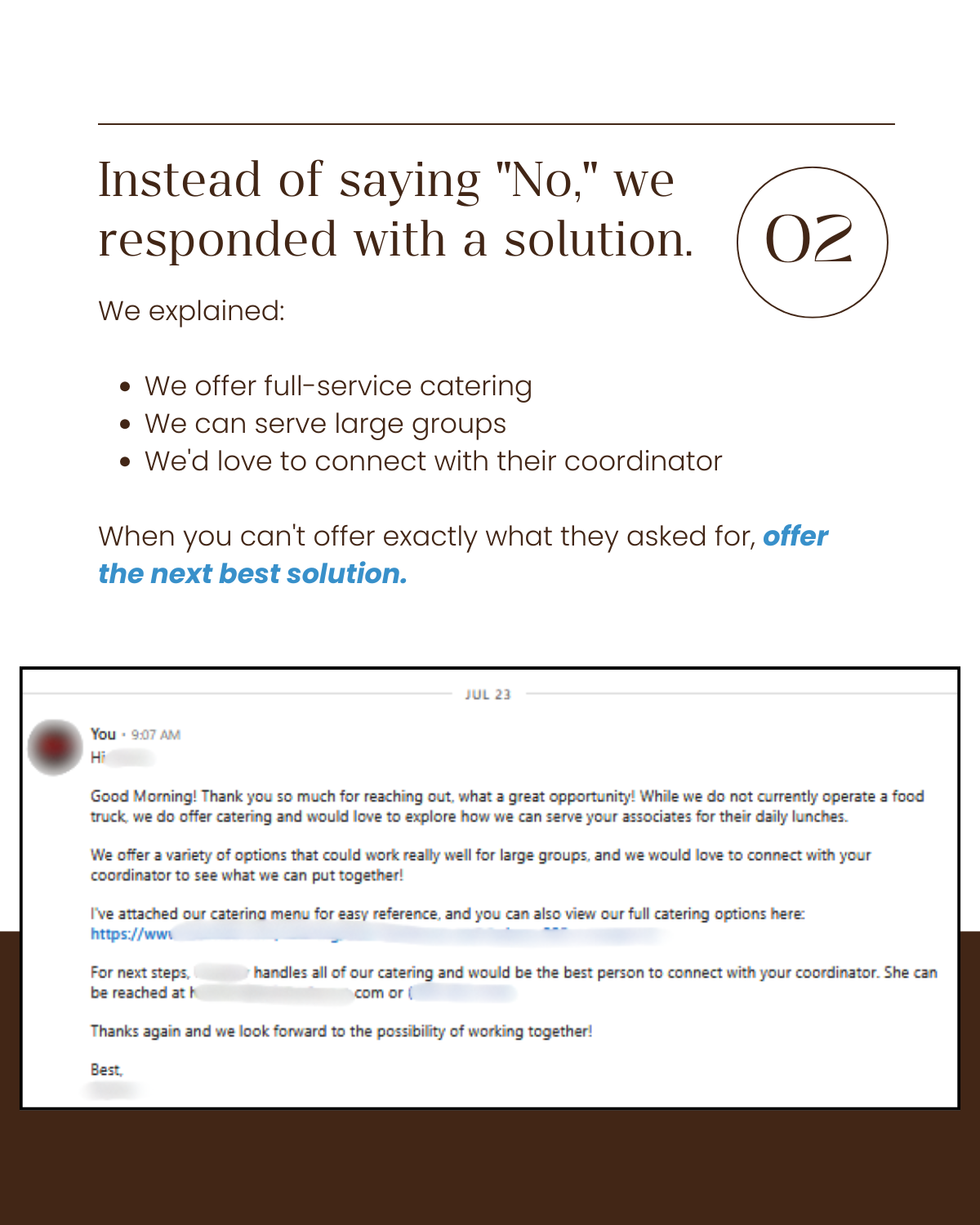 The response offered full-service catering, large-group capacity, the catering menu, and a direct contact for the person who handles catering