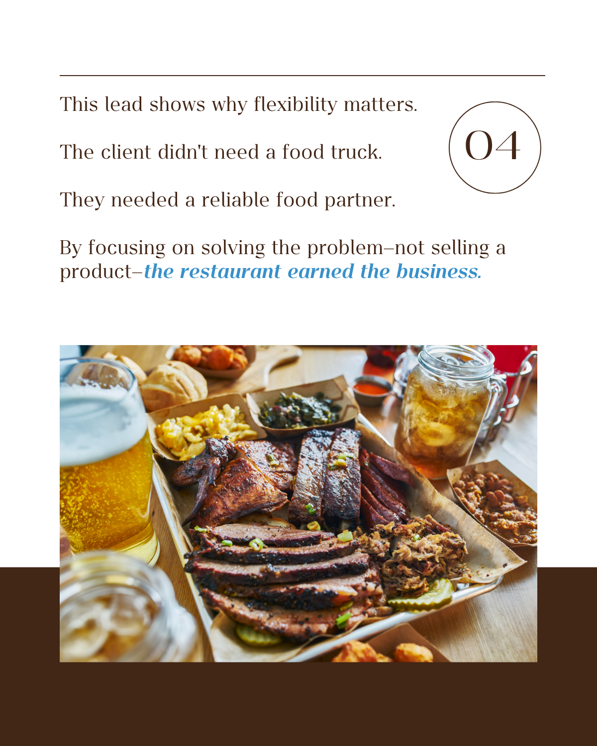 This lead shows why flexibility matters: the client did not need a food truck, they needed a reliable food partner