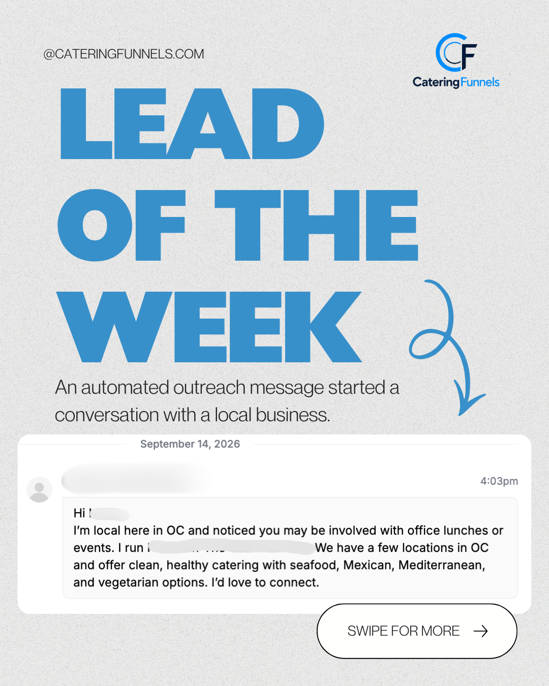 Lead of the Week: an automated outreach message started a conversation with a local business, introducing the restaurant group and asking to connect about office lunches and events