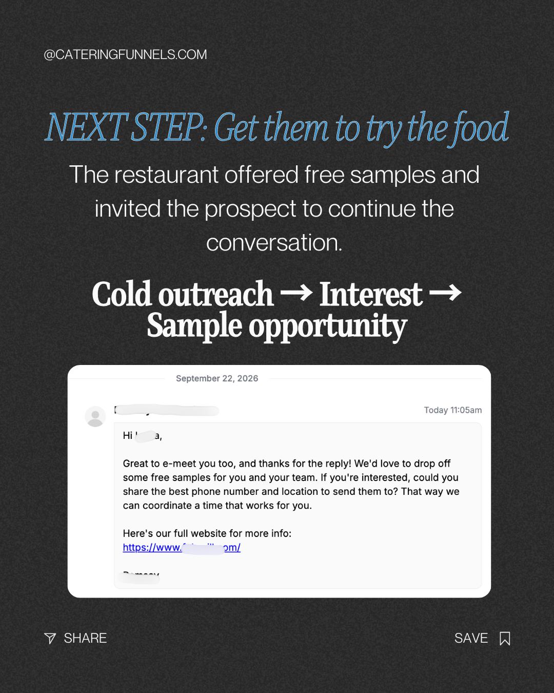 Next step, get them to try the food: the restaurant offered to drop off free samples and asked for the best phone number and location to coordinate