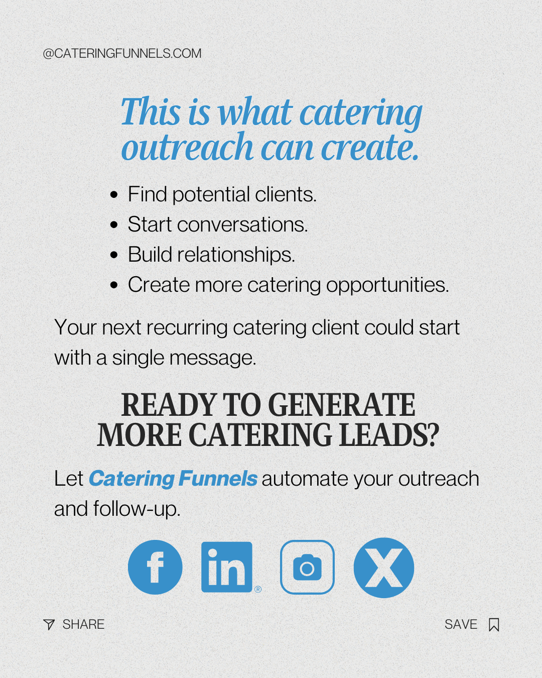 This is what catering outreach can create: find potential clients, start conversations, build relationships, create more catering opportunities