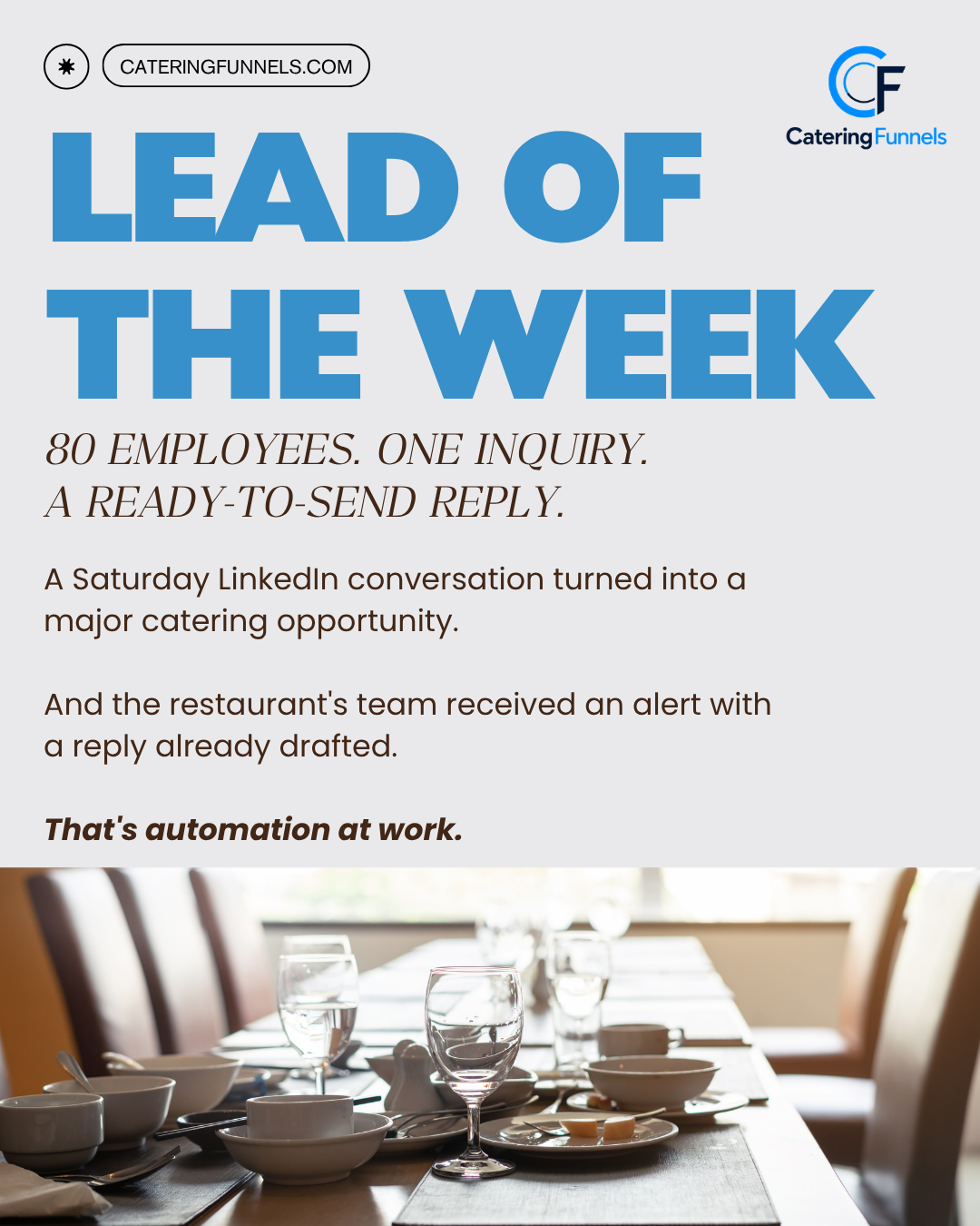 Lead of the Week: 80 employees, one inquiry, a ready-to-send reply. A Saturday LinkedIn conversation turned into a large catering opportunity, and the restaurant's team received an alert with a reply already drafted