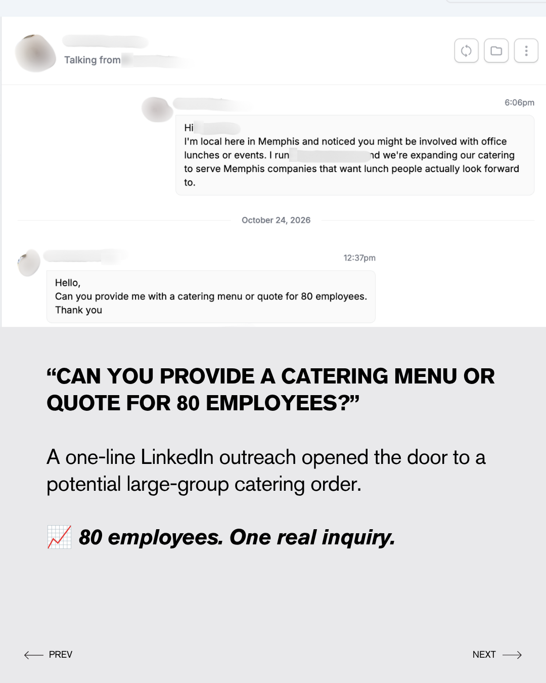Can you provide a catering menu or quote for 80 employees? A one-line LinkedIn outreach in Memphis opened the door to a potential large-group catering order
