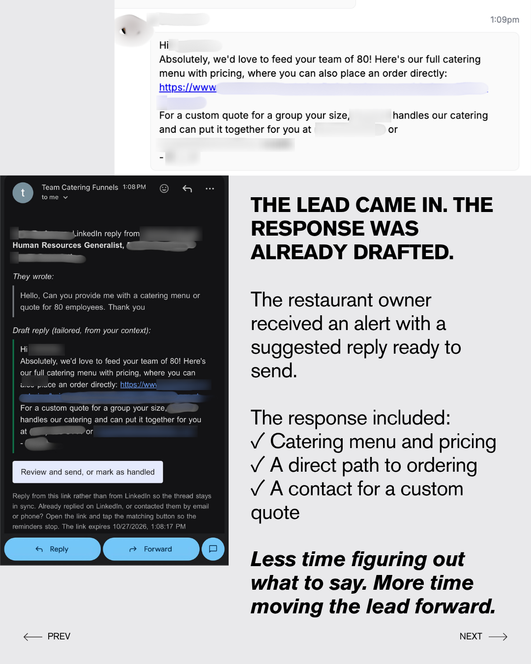 The lead came in and the response was already drafted: the restaurant's team received an email alert with the buyer's message and a suggested reply, then sent it on LinkedIn with the catering menu, a direct ordering path and a contact for a custom quote